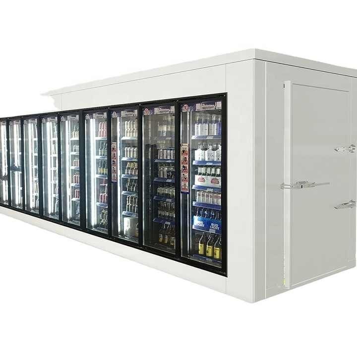 Commercial refrigerator with glass doors displaying various beverages and products.