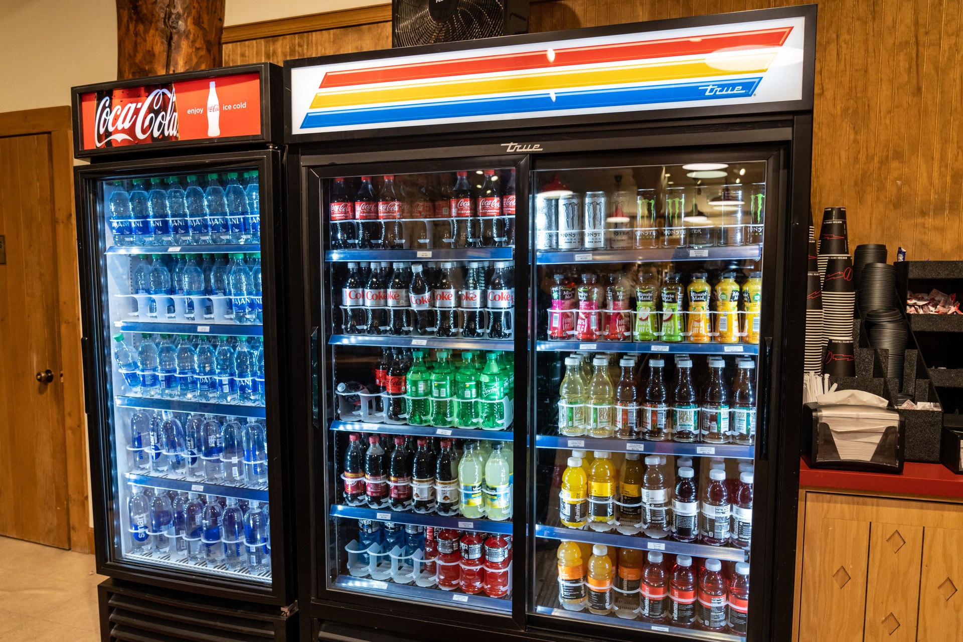 Cooler refrigerator full of pop, soda, and bottled water at the Many Glacier Hotel in Glacier National Park